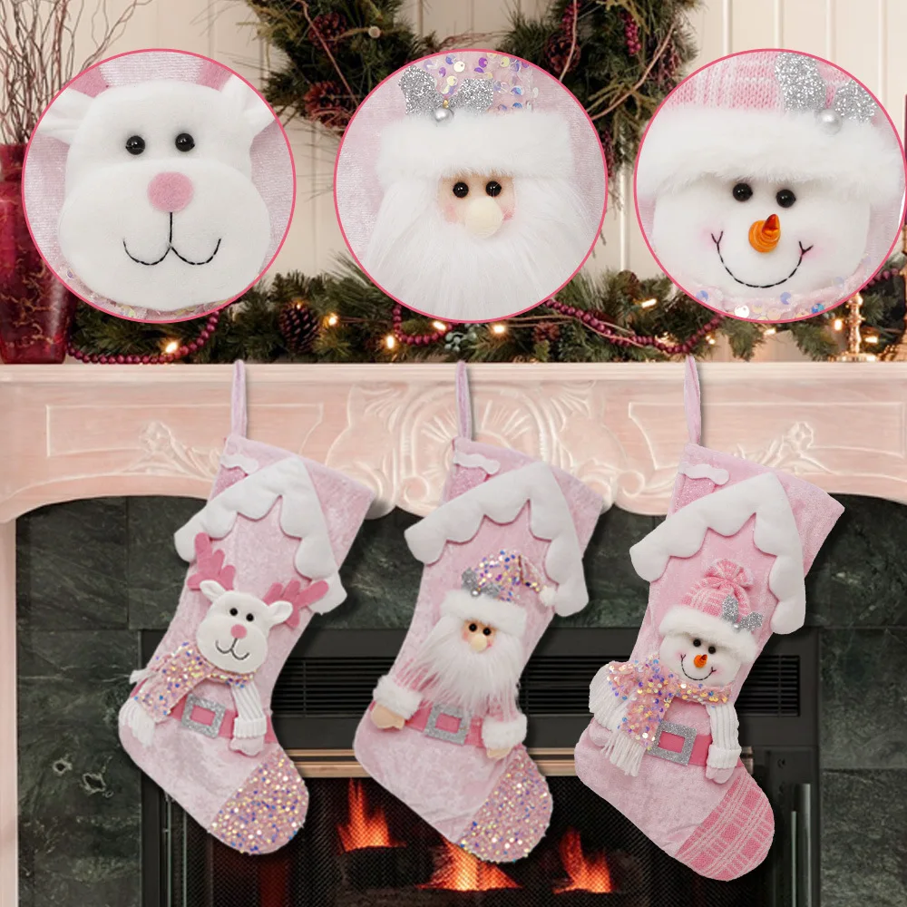 Pink Sequins Plush Christmas Stockings Large Size Snowman Elk Santa Claus Christmas Tree Decoration Candy Gift Bag Socks Gifts