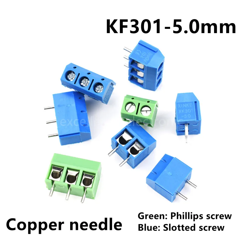 10-100Pcs/Lot KF301-5.0-2P KF301-3P Pitch 5.0mm Copper Needle Straight Pin 2P 3P Screw PCB Terminal Block Connector Blue Green