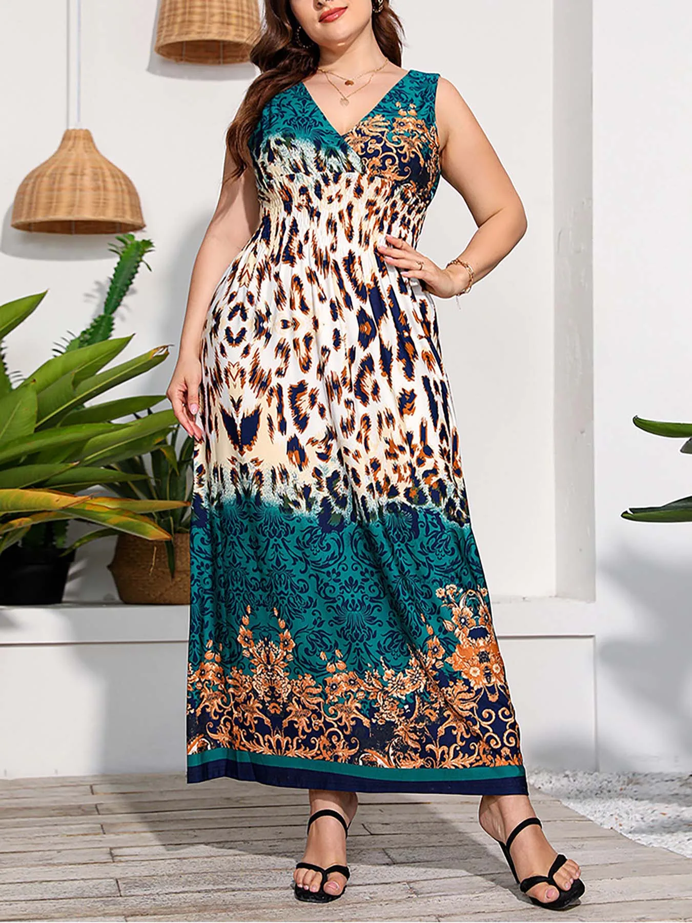 

Plus Size - Ethnic Style Print Dress - Two - Multicolor - Sleeve Midi Dress-Leopard Print-Paisley Print