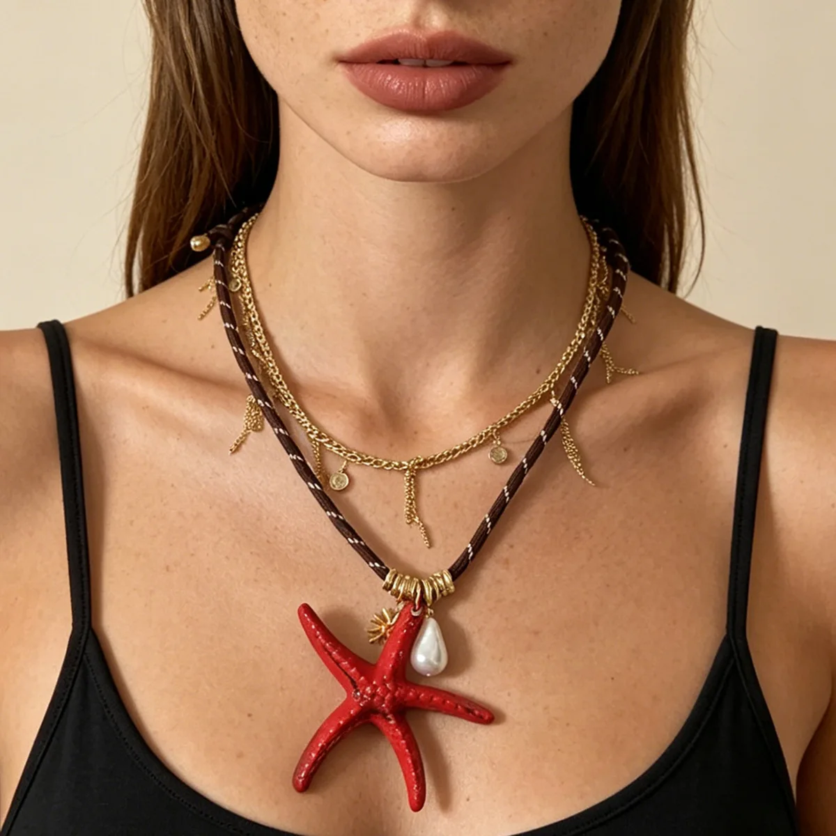 Beach Vacation Red Starfish Pendant Layered Necklace For Women Stackable Choker Ocean Sea Creature Charm Holiday Travel Jewelry