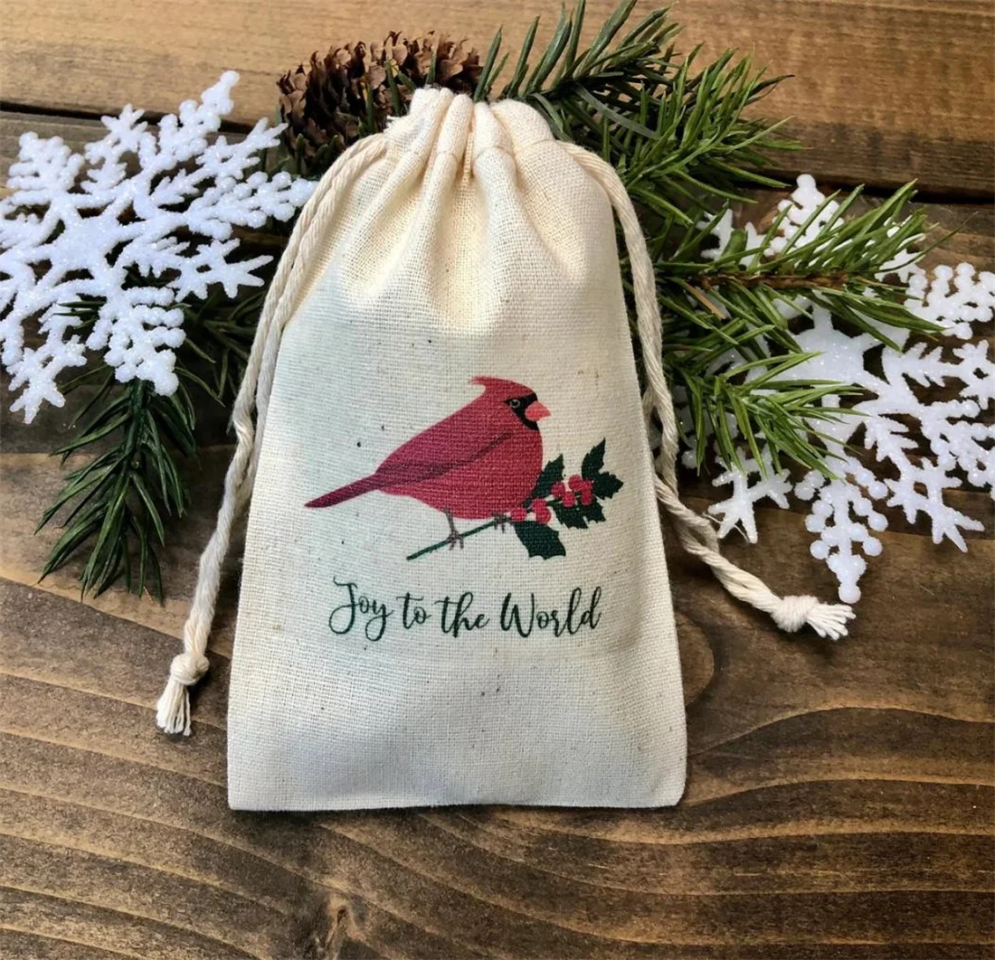 20pcs Personalized Christmas Favor Bags / Holiday Gift Bags / Joy to the World Cardinal Muslin Bag