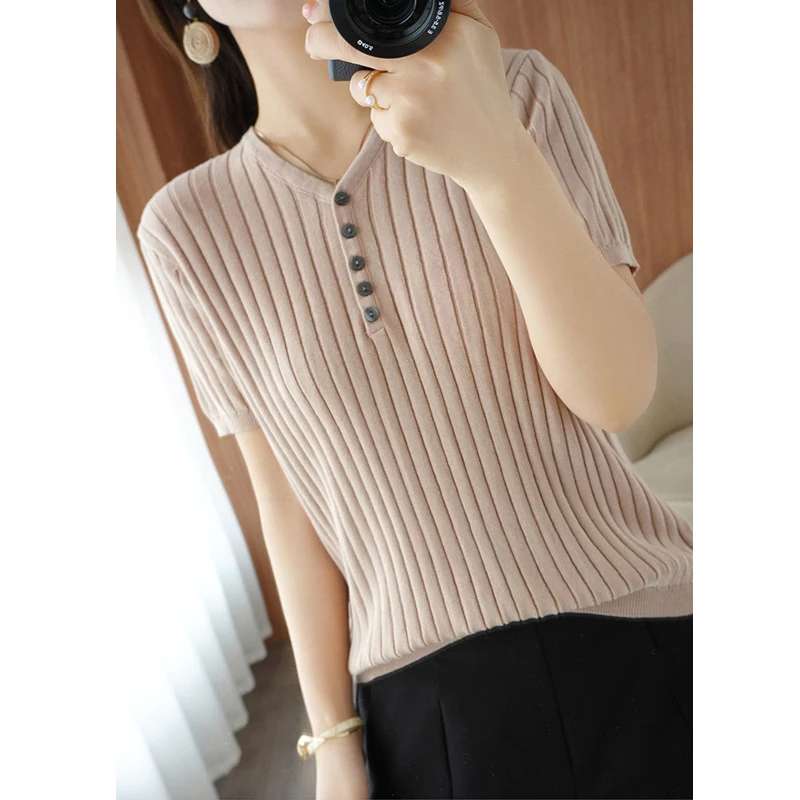 Women Fashion Elegant Simple V Neck Short Sleeve Ribbed Knitted T-shirt 2024 Summer Casual Solid Basic Pullover Tops Ropa Mujer