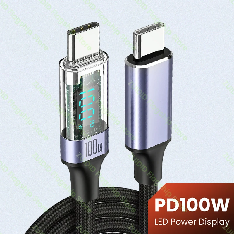 Câble Transparent PD100W USB Type C à C 5A, Charge Rapide pour Macbook, Xiaomi, Samsung, Huawei, Ordinateur Portable, Affichage Numérique LED, 1/2m