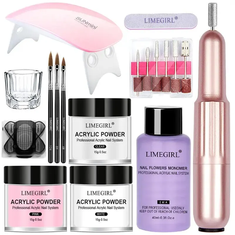 

Набор акриловых порошков для ногтей и жидкий мономер, набор «сделай сам», прозрачный цвет, подходит для начинающих, с машинкой для маникюра и УФ-лампой