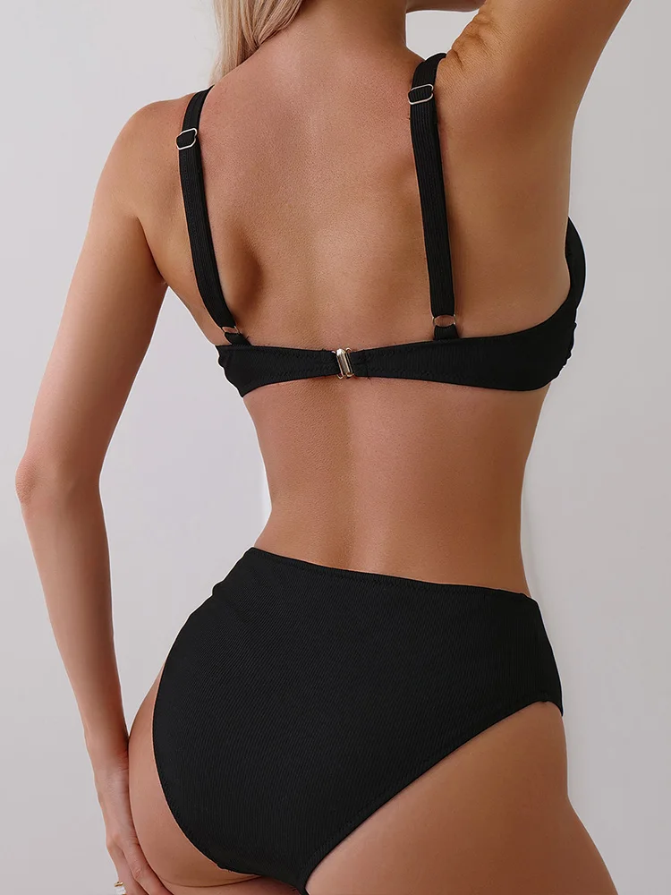 Bikini sexy con scollo a V senza schienale Set da 2 pezzi Costume da bagno diviso solido da donna Bikini da spiaggia a vita alta 2025 Nuovo set bikini da bagno estivo