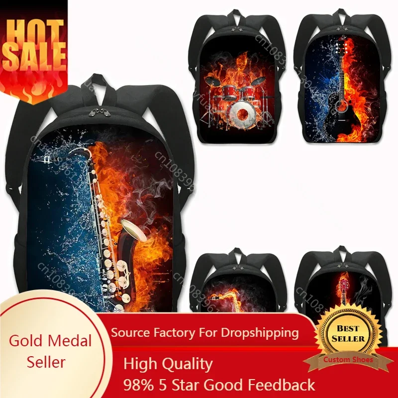 

Rock Music Saxophone Guitar Flame Backpack Hipster Jazz Rucksack Women Men Laptop Backpack Travel Bag Teenager School Bags