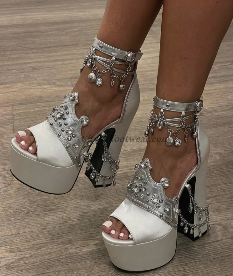Womens sliver crystal diamond pendant platform sandals pink/red chunky heels ankle strap big size luxury designer party shoes