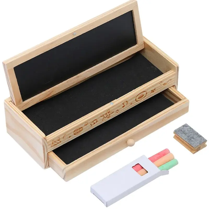 Wooden Pencil Case with Blackboard Double Layers Pencil Case for Boys Girls Students Stationery Pens Storage Organizer Box