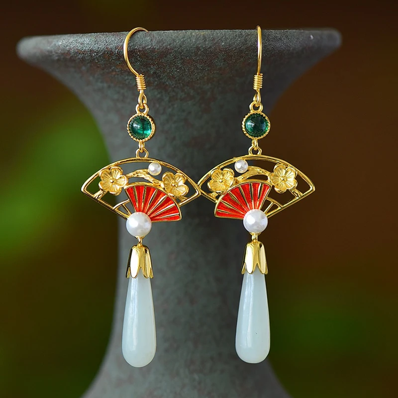 

Chinese Folding Fan Earrings, 925 Sterling Silver Hetian Jade Drops, Unique Ethnic Minority Jewelry