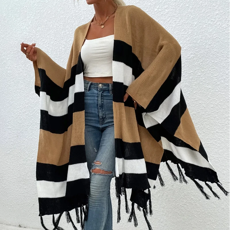 

New Autumn and Winter Striped Contrasting Tassel Shawl Sweater Canopy