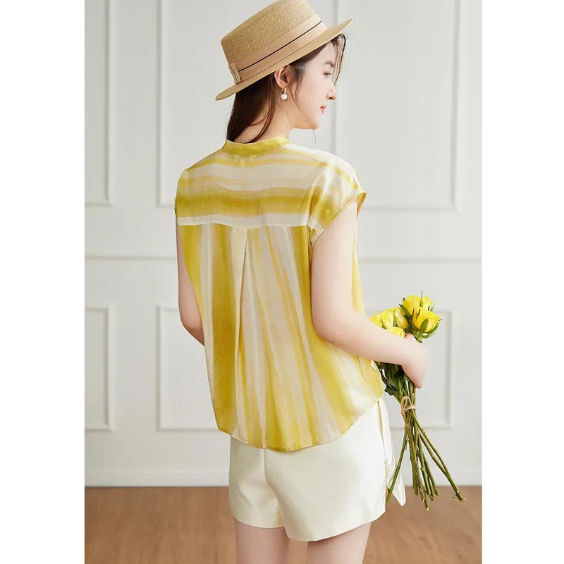 2023 neue Sommer Frauen Chiffon hemden Kurzarm gestreifte Bluse Hemden Tops