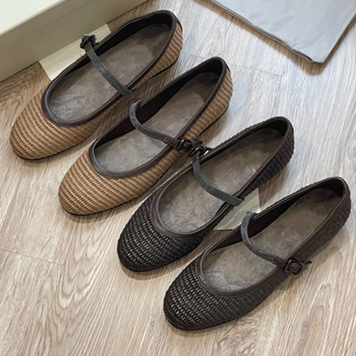 

Maxdutti French Minimalist Raffia Woven Beaded Ballet Flats Shoes Fashion Office ladies Mary Jane Shoes Loafers Shoes Women