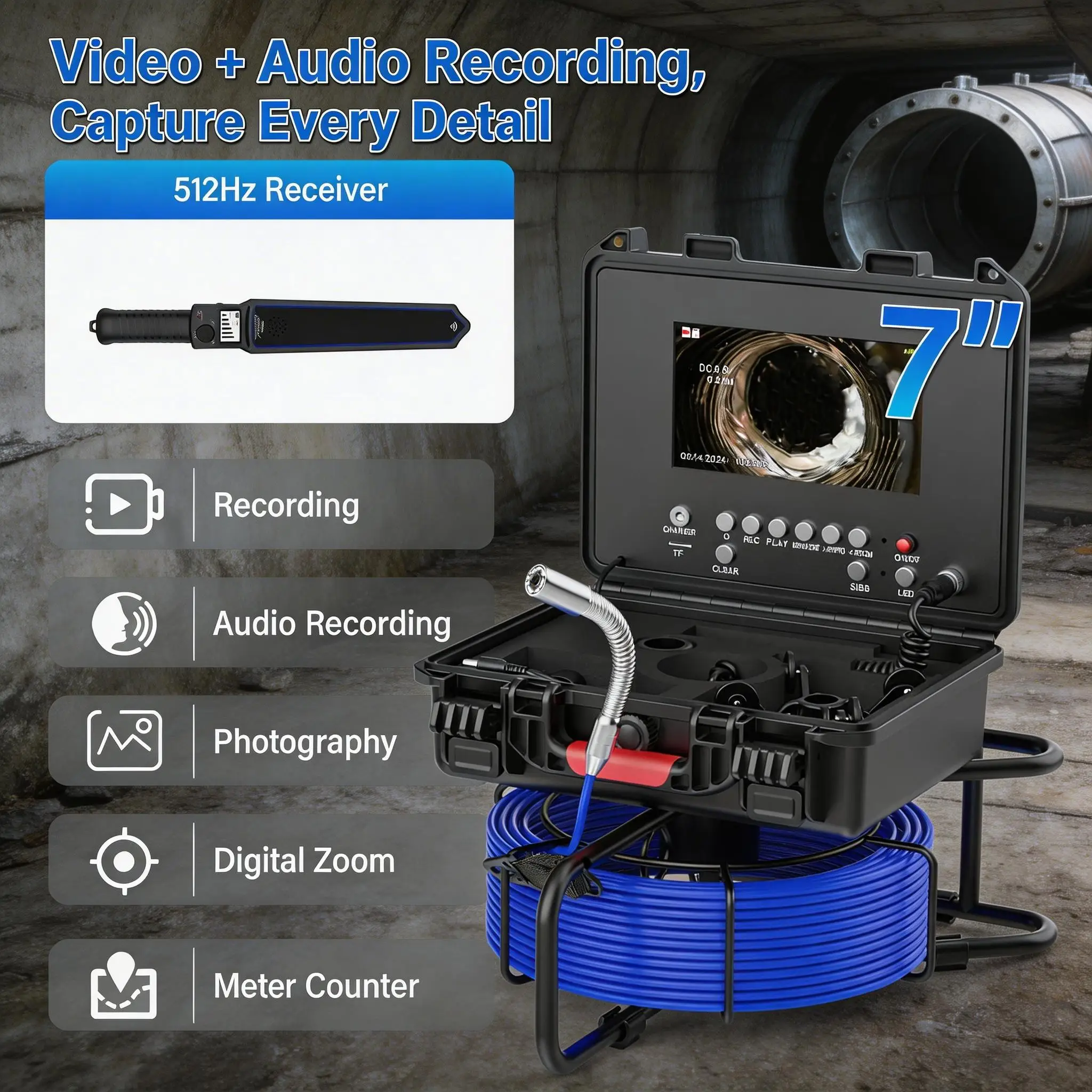 

Sewer Camera 7"IPS 1080P Self-Leveling 512Hz Locator 30M Fiberglass Cable Meter Counter DVR Audio Video Drain Pipe Inspection
