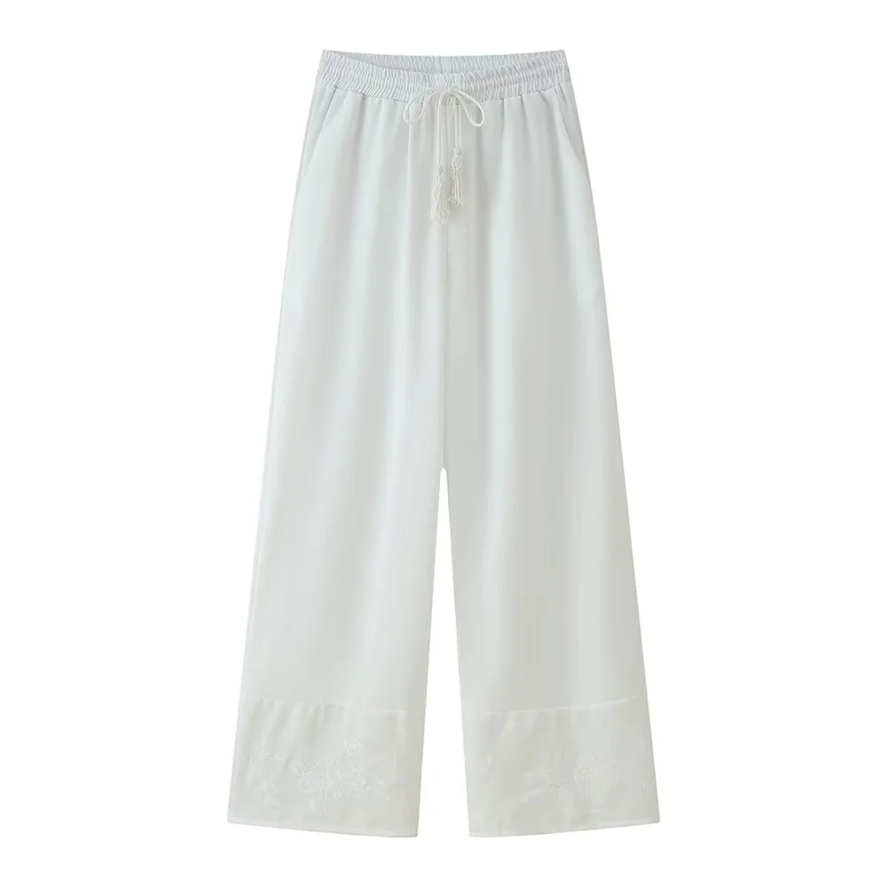 レディース綿麻タッセルレースアップ刺繍シャツ、刺繍カジュアルパンツ、万能