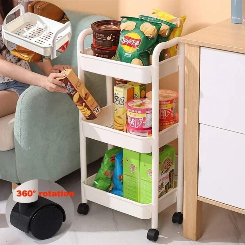 3/4 Layers Mobile Storage Rack Plastic Rolling Utility Cart Kitchen Bathroom Bedroom Storage Rack with Wheels Movable Bookshelf