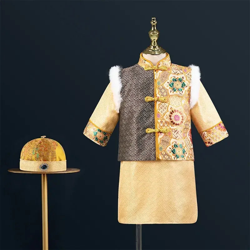 

Traditional Chinese Retro Style Tang Suit For Boys Baby New Year Outfits Hanfu Kids Cosplay Stage Robe Vest 2Pcs Tang Suit