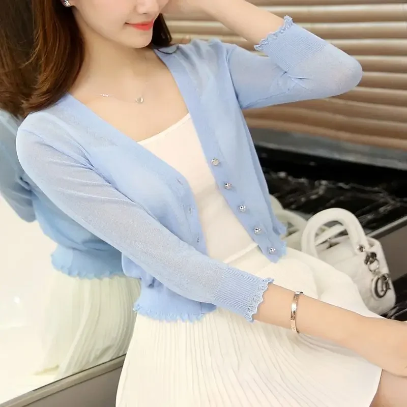 2025 Summer Solid Color Thin Cardigan Women All Match Long Sleeve Sun Protection Cardigan Woman Korean Style Lace Up Crop Top