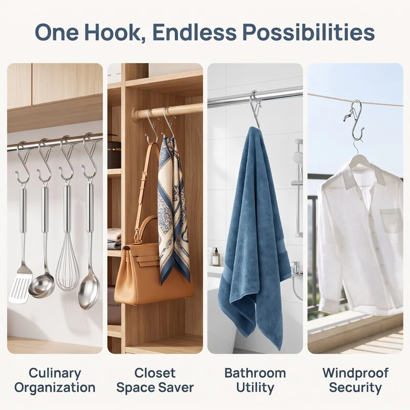 Windproof design stainless steelSMulti-functional kitchen hook, household load-bearing anti-fall drying storage tool
