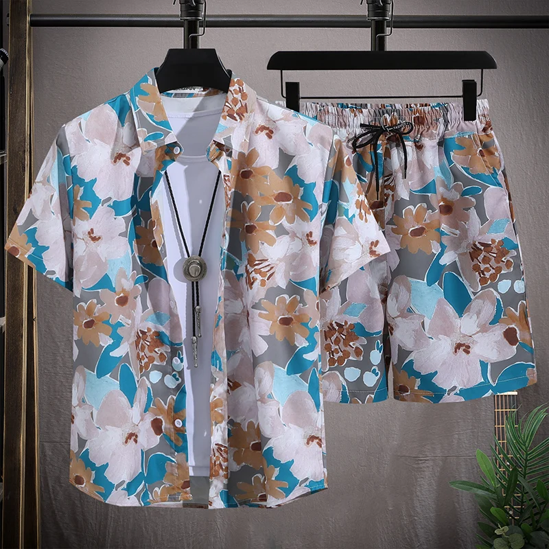 Conjunto de playa Hawaiano para hombre, camisa de manga corta y pantalones cortos de un solo pecho, informal, vacaciones de verano, viaje, traje