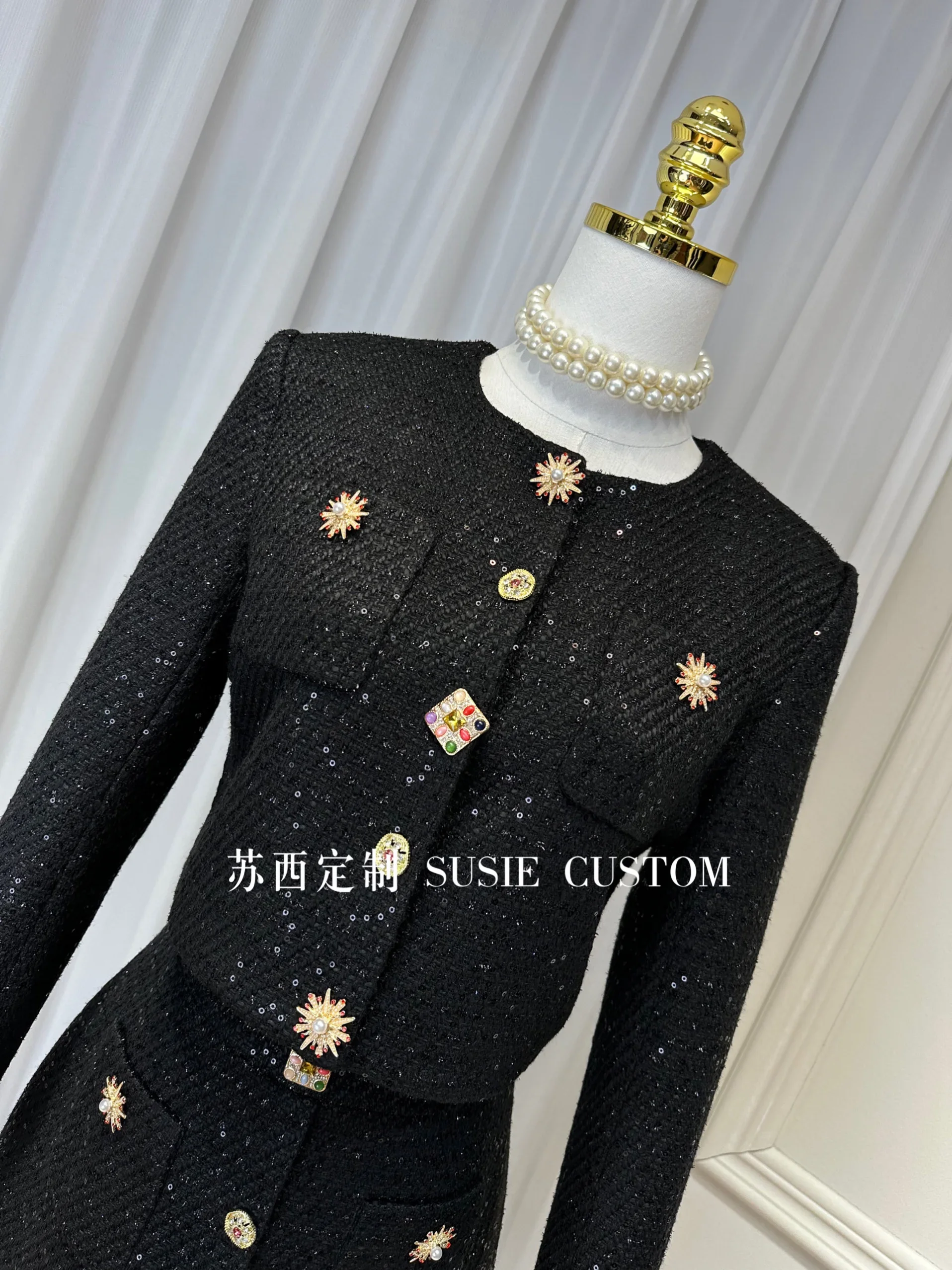 French Elegant Socialite Diamond Buckle Sequins Round Collar Short Tweed Jacket High Waist Hip-wrapped Skirt Two Piece Set Women