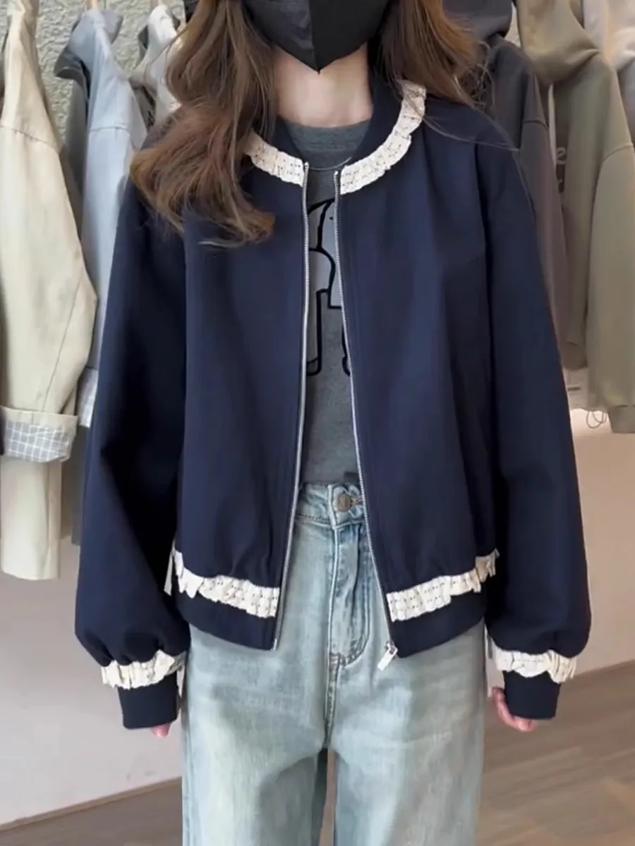 

Chic Lace Collar Women Short Jacket Spring Autumn Casual Zipper Baseball Uniform Korean Style Versatile Outerwear