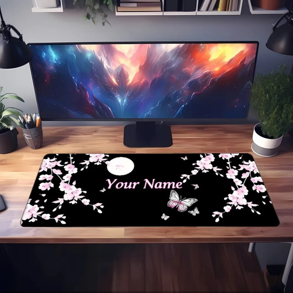 [2D Flat] 1pc Black Background Cherry Blossom Butterfly Mouse Pad Custom Name Multi Sizes Gaming Mouse Pad
