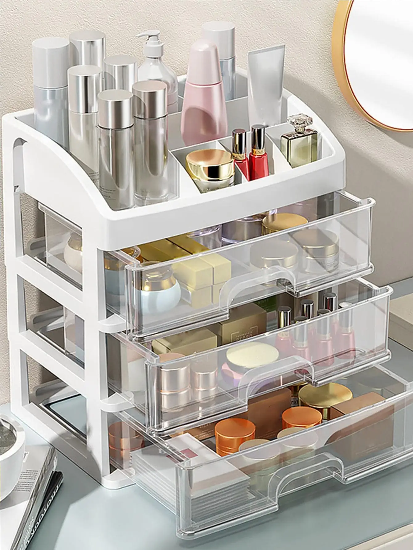 صندوق منظم مكياج محمول مكون من 1-3 طبقات مع أدراج لتخزين مستحضرات التجميل