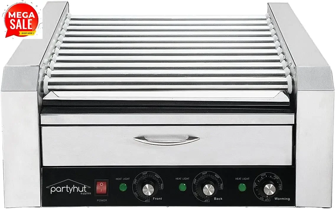 30 Hot Dog Roller Warmer Grill Cooker Machine, Commercial Grade, (with Bun Warmer Drawer, 11 Non-Stick Rollers, 30 Hot Dog