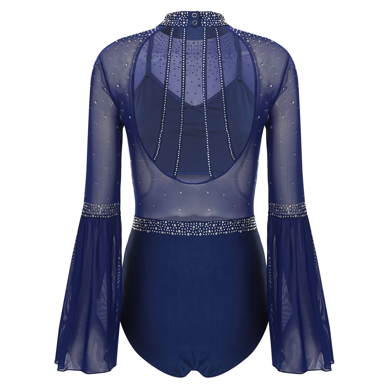 Womens Flare Sleeve Gymnastics Leotard Figure Skating Dance Performance Costume Sheer Mesh Backless Sparkly Rhinestone Bodysuit