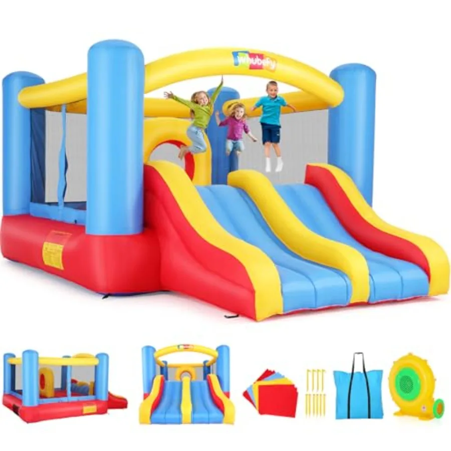 

Большой надувной батут для детей 5-12 лет (3-6 человек) с вентилятором, 12.6x9 футов, с двойной горкой, центральным препятствием и зоной для прыжков