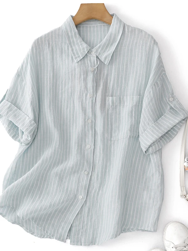 

Linen Short Sleeve Striped Shirt Loose Fit Lightweight Summer Casual Women's plus Size Top Comfortable Breathable Airy Style