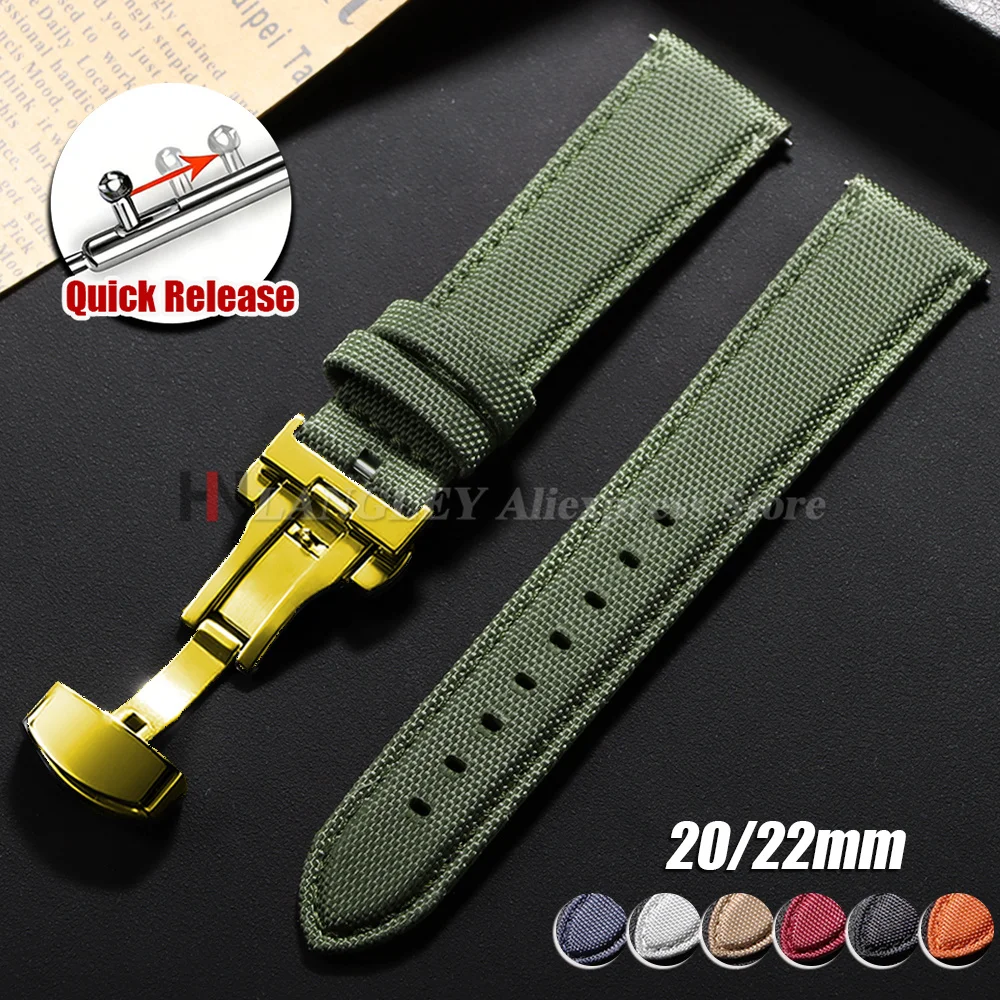 Quick Release Nylon Sailcloth Watch Strap 20mm 22mm Butterfly Buckle Bands for Omega for Seiko Green Black Replacement Watchband