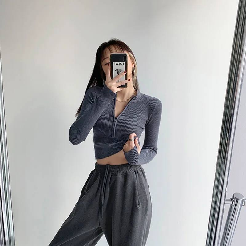 Slim Fit Short Knitted Sweater Half High Collar Zipper Pit Stripe Long Sleeve Women's Base Shirt Autumn Winter Fashion Style