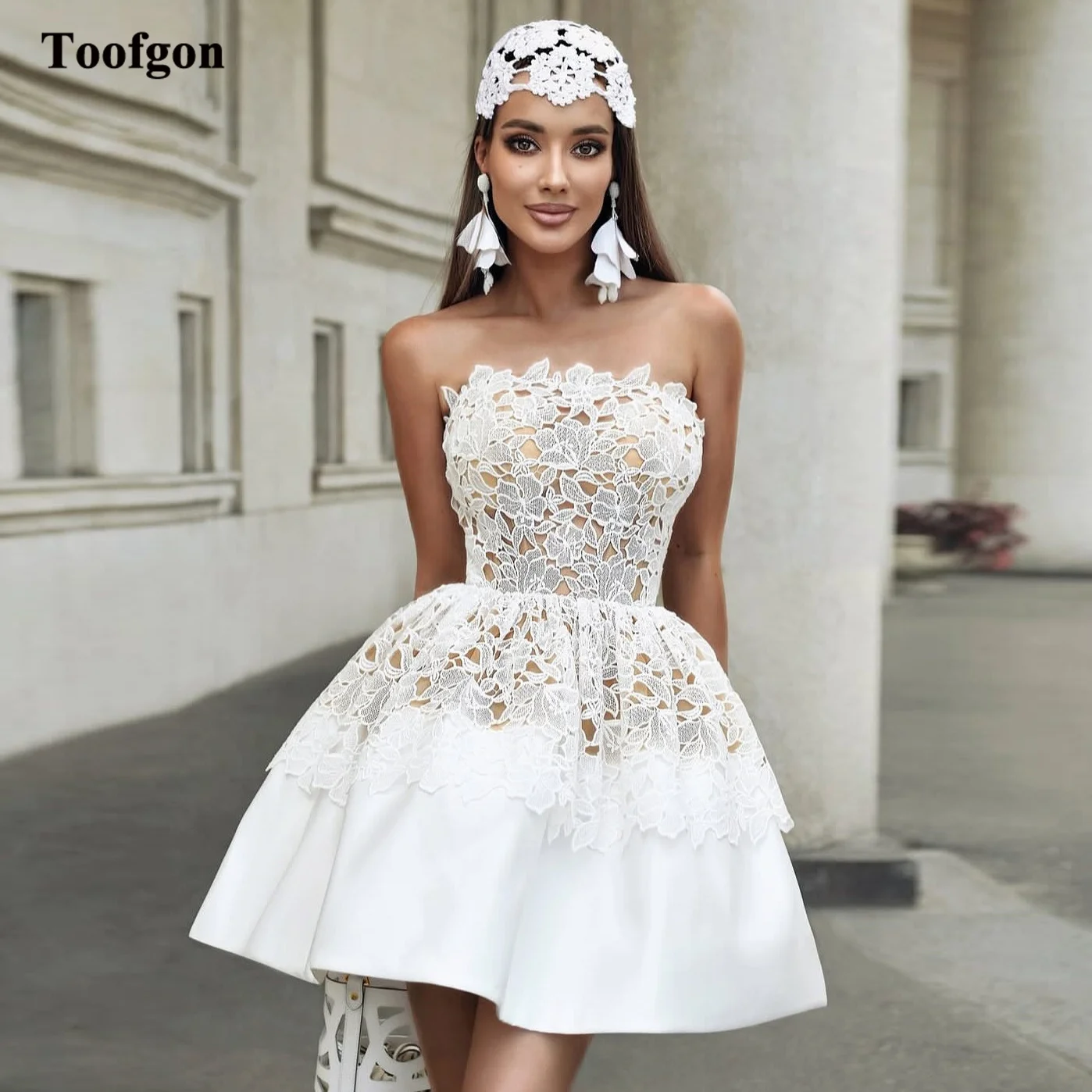 

Toofgon A Line Satin Lace Bride Wedding Dresses Corset Back Mini Formal Party Wedding Gowns Bridal Photography Dress Customized