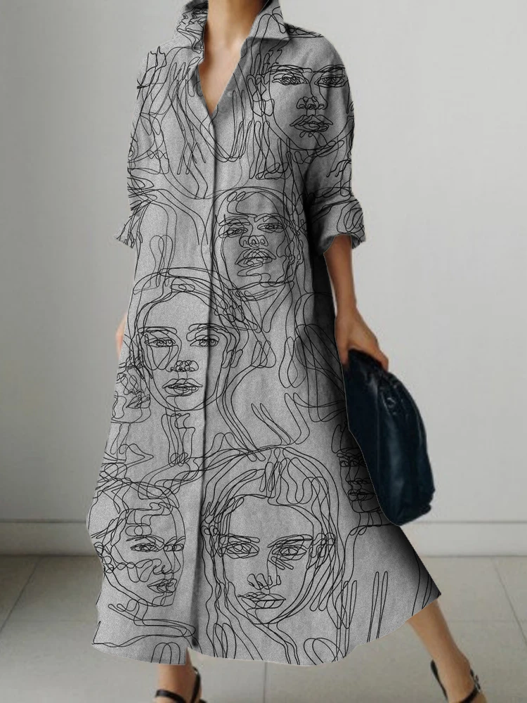 2024 Hand Painted Portrait Print Women's Long Sleeve Shirt Dresses Single Button Dresses Evening Gowns Luxury Prom Clothing