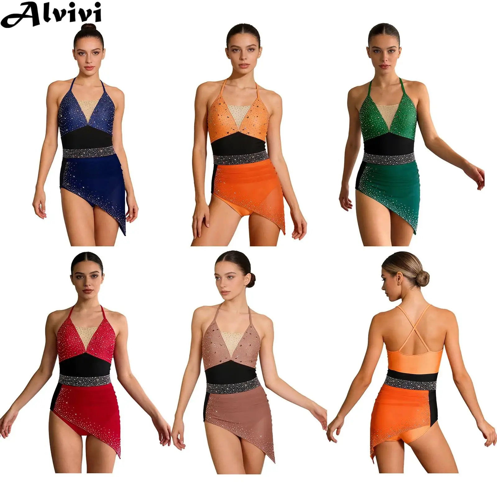 

Women Shiny Rhinestone Mesh Latin Dance Leotard Dress Figure Skating Gymnastics Cha-cha Samba Rumba Tango Ballroom Dancewear