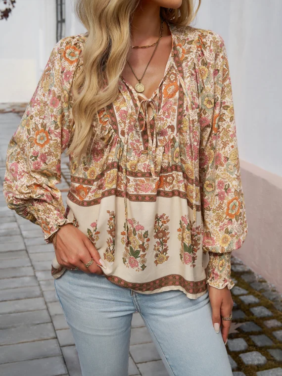 camicette da donna tendenza 2025 Primavera/Estate Bohemian Holiday Style stampato scollo a V Camicia a maniche lunghe con lacci per donna