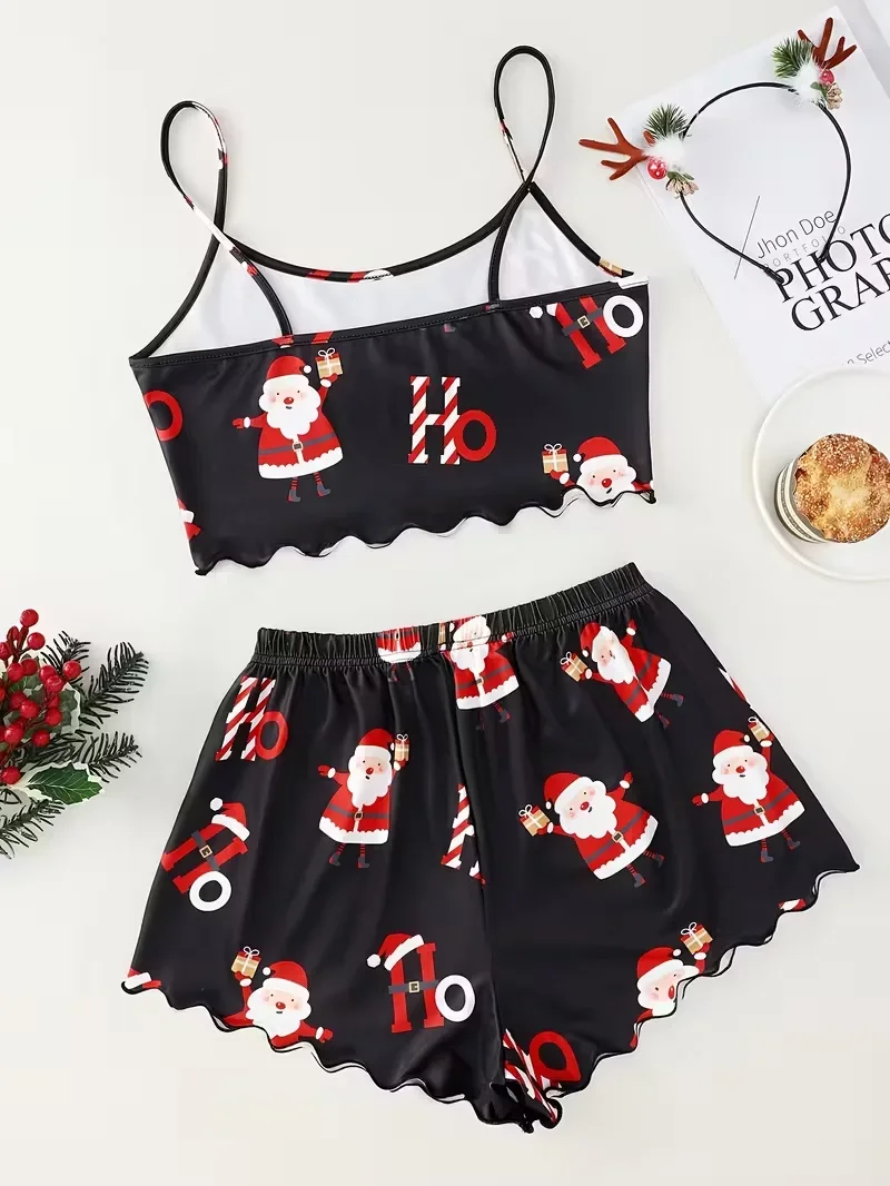Christmas Santa Claus Element Print Soft Comfy Sleepwear Women's 2 Pieces Pajama Set Crop Tops and Shorts Home Wear Loungewear