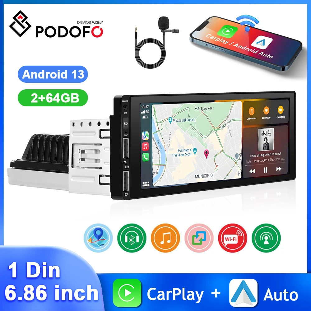 

Podofo 6.86'' Android Car Radio 1Din MP5 Multimedia Player Wireless Carplay Android Auto WIFI Bluetooth FM GPS Car Stereo Radio