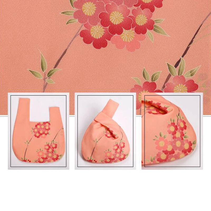 Japanese Women\'s Knot Wrist Bag Handmade Vintage Tote Handbag Portable Mini Printed Flowers Bucket Large Capacity Fold Phone Bag