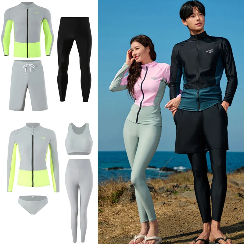 

Couple Rash Guards Women Men 4/3 Pieces Swimsuit Patchwork Zipper O Neck Swimwear Long Sleeve Sport Surfing Bathing Suit Wetsuit