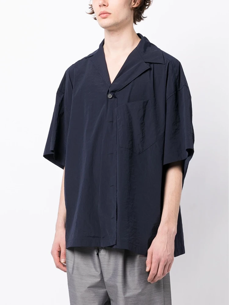 

Kolor Japanese Sle Navy Blue Layered Double Collar Loose Men's ort Sve irt Summer Iron-Free Thin Youth Faion