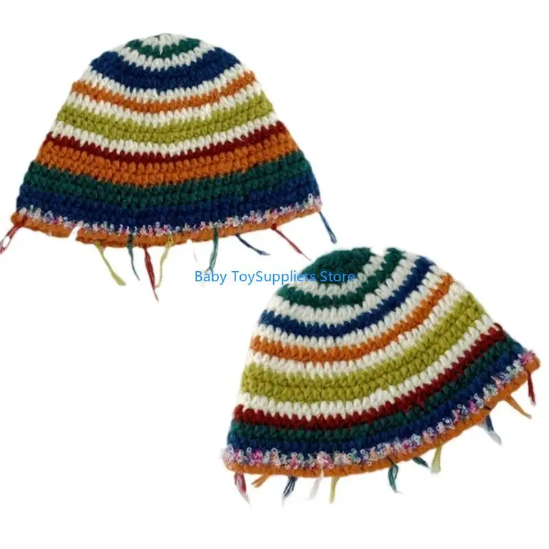 

R1WF Striped Knit Cap Woolen Yarn Fisherman Hat Parent-Child Winter Beanie Bucket Cap