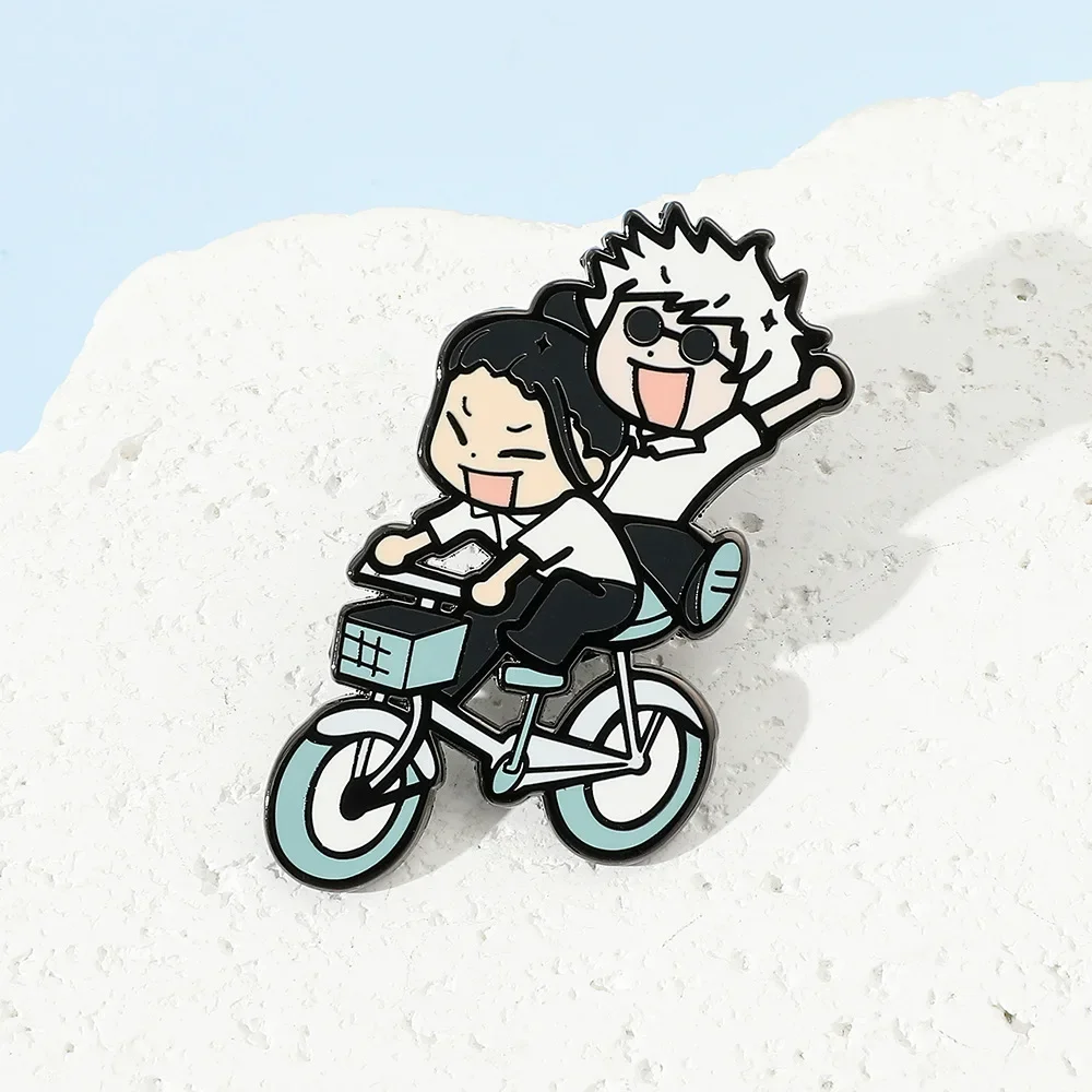 AliExpress Hot Toys Anime JJK Gojo Geto riding bicycle Metal Enamel Brooch Cute Cartoon Pin Accessories