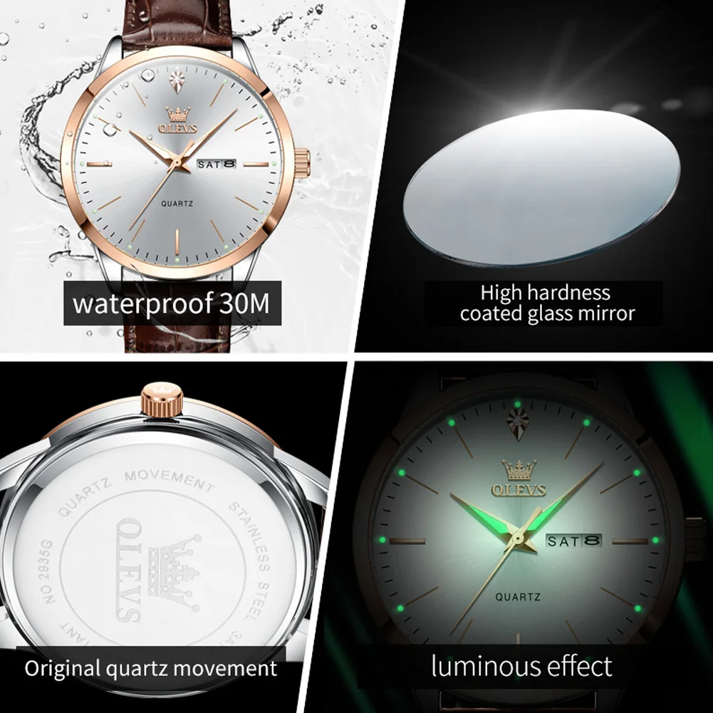 OLEVS 2935 Men Watch Luxury Brand Quartz Watch Business Leather Strap Double Calendar Waterproof Men\'s Watch Relogios Masculino