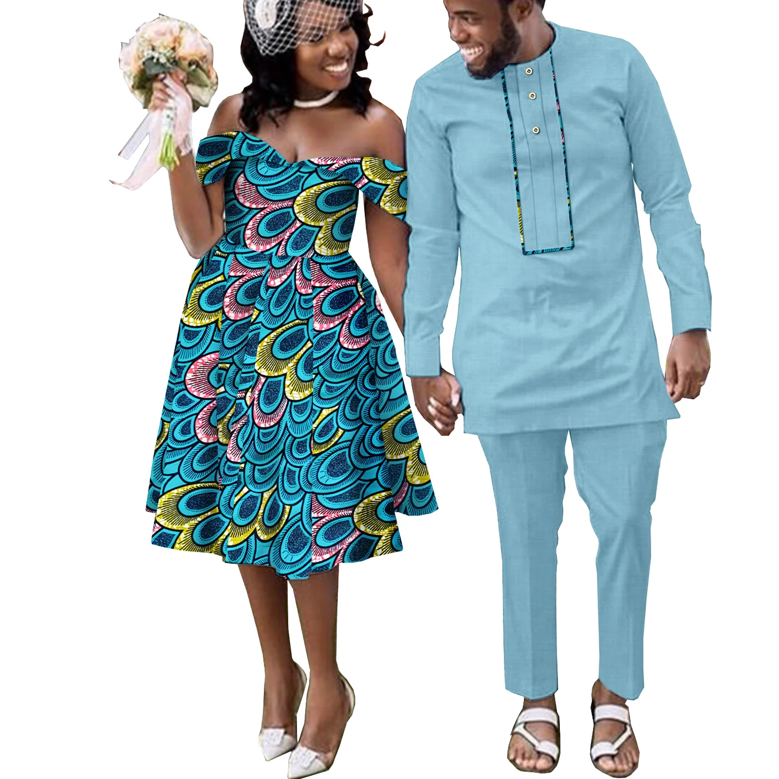 African Couples Women Print Wax Cotton Fashion Patchwork Hot Dress& Men 2 Pieces Shirt and Pants Sets