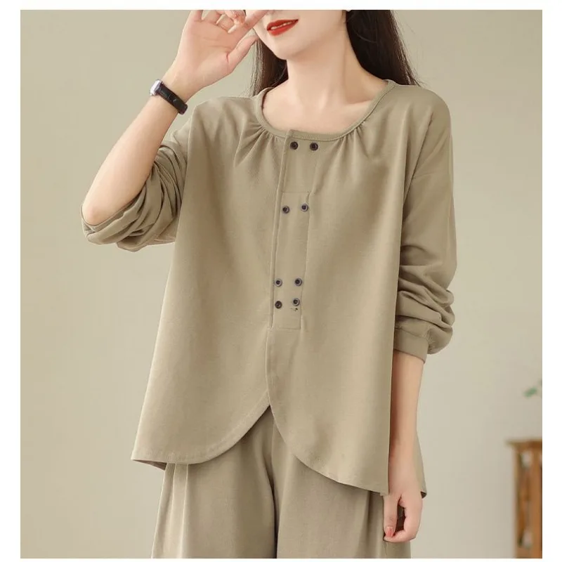 Sudadera de cuello redondo de diseño japonés a la moda para mujer, jersey holgado Irregular de manga larga con empalme de botones de Color sólido