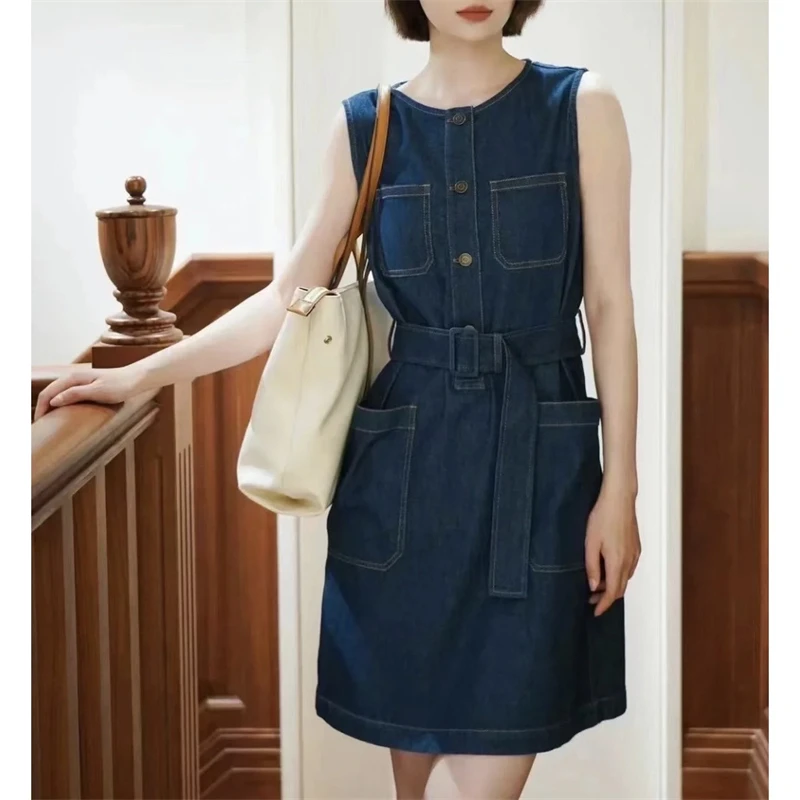 

New 2024 Summer Women Denim Short Dress A-Line Lace Up O-Neck Buttons Elegant High Street Chic Stunning Fashion Design Trendy IC