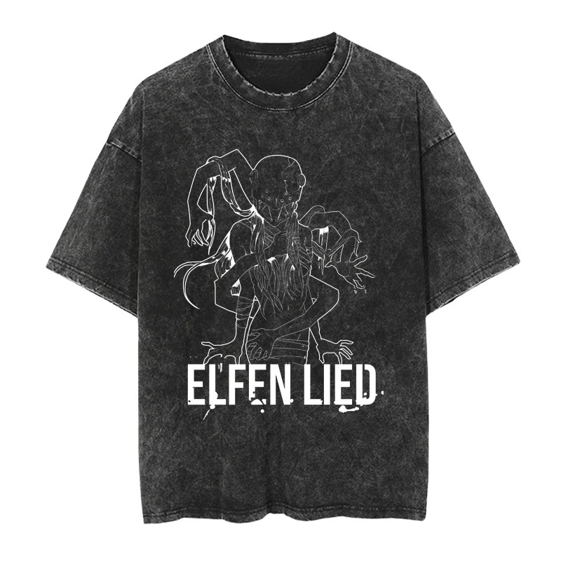 Retro Japanese Anime Elfen Lied Retro Washed Vintage T-shirt Streetwear Casual Harajuku Pattern Short-sleeved Trendy