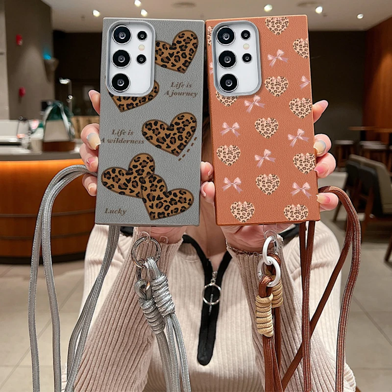 Crossbody الحبل الحال بالنسبة لسامسونج غالاكسي A16 A56 A36 A55 A15 A25 A26 A35 A54 A53 5G ليوبارد طباعة Bowknot القلب طباعة غطاء من البولي يوريثان #3